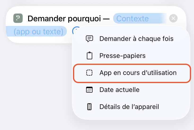 Menu de sélection du contexte dans Raccourcis, avec « App en cours d'utilisation » entouré