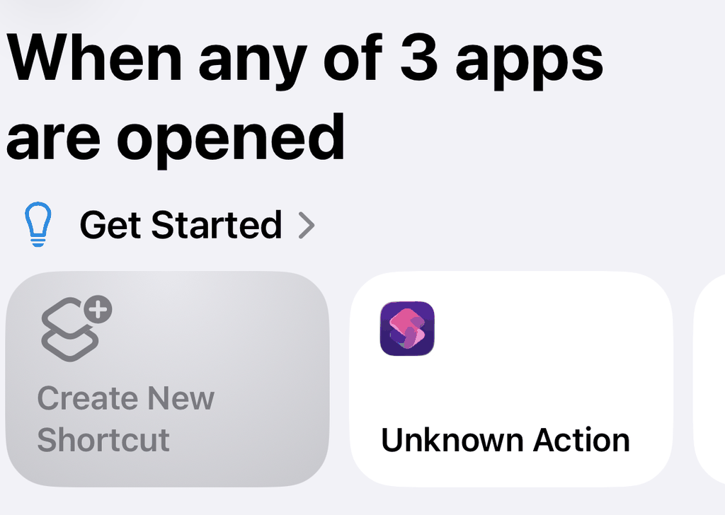 Shortcuts screen “When any of 3 apps are opened” with the Create New Shortcut card in the Get Started section