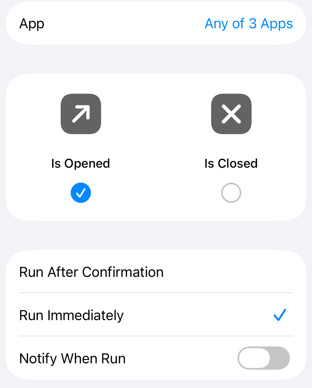 Shortcuts When screen with Run Immediately ticked and Notify When Run turned off