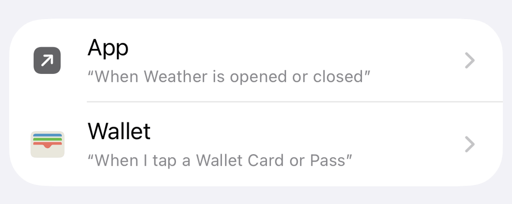 Shortcuts trigger list with the App trigger, described as “When Weather is opened or closed”
