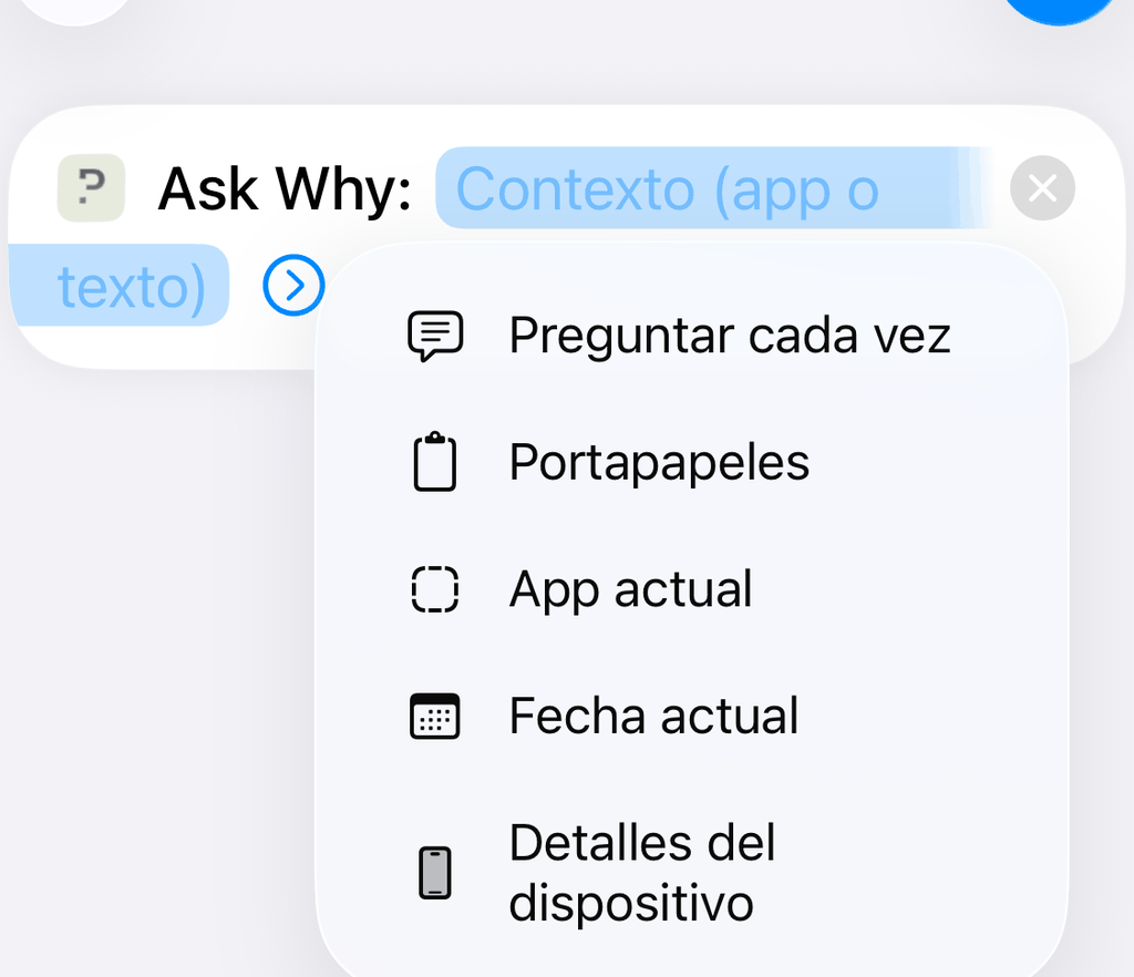 Menú del parámetro Contexto con «App actual»