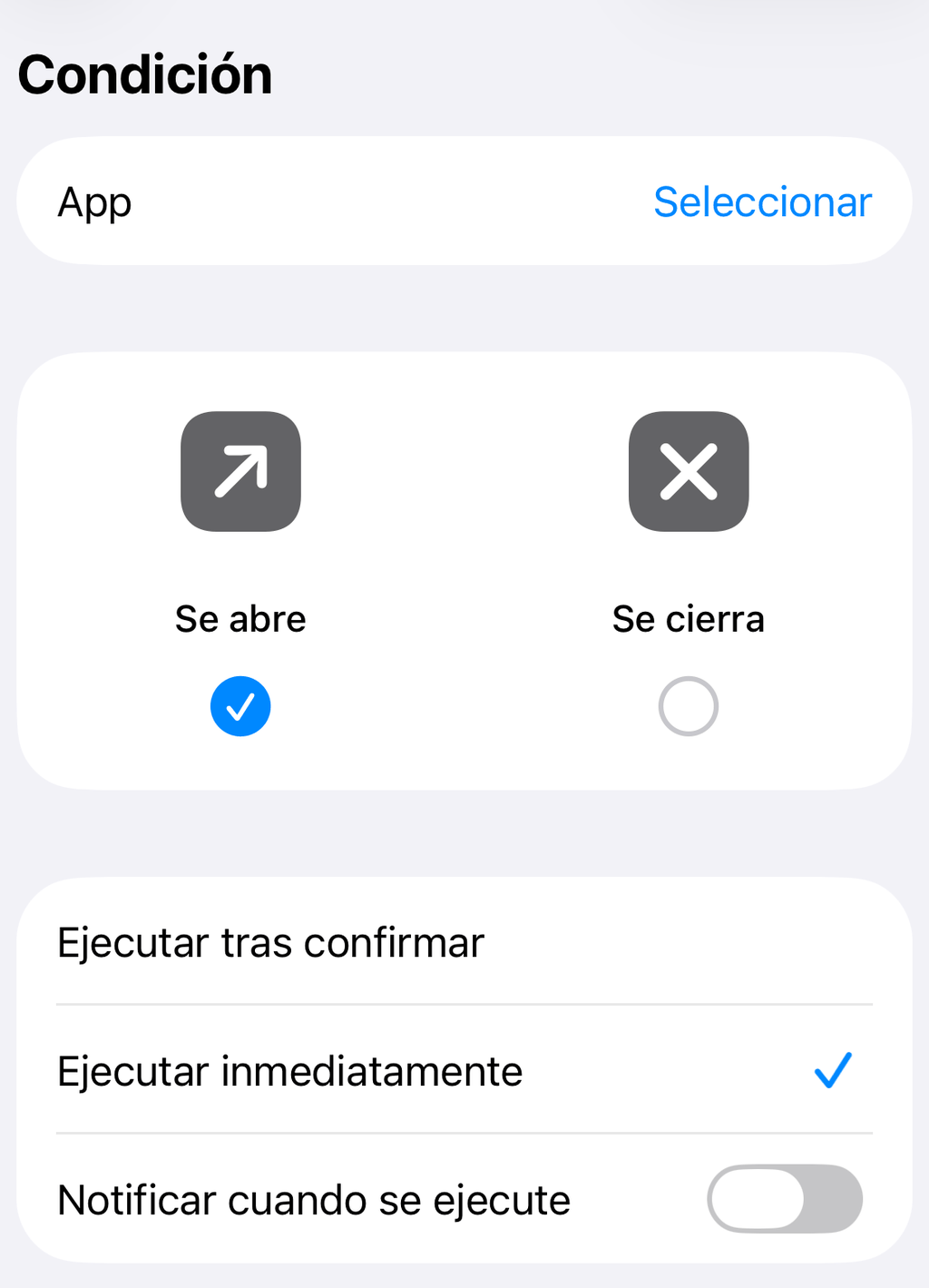 Pantalla Cuando de Atajos con «Ejecutar inmediatamente» marcado y «Notificar cuando se ejecute» desactivado