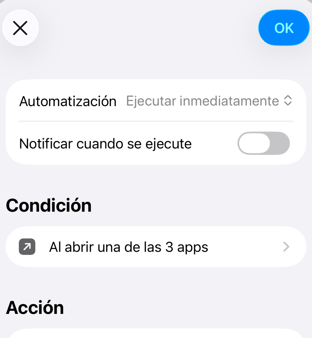 Resumen de la automatización: Ejecutar inmediatamente, notificación desactivada, acción Ask Why