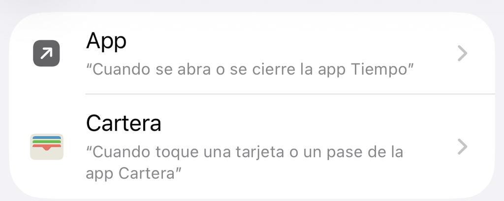 Lista de disparadores de Atajos con el disparador App