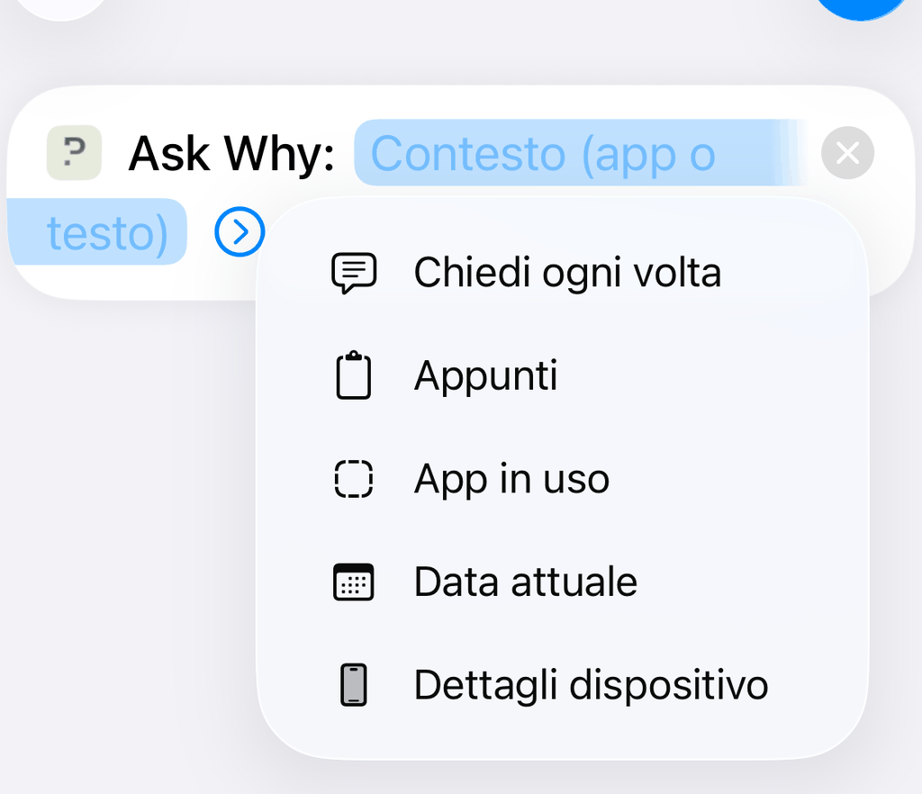 Menu del parametro Contesto con «App in uso»