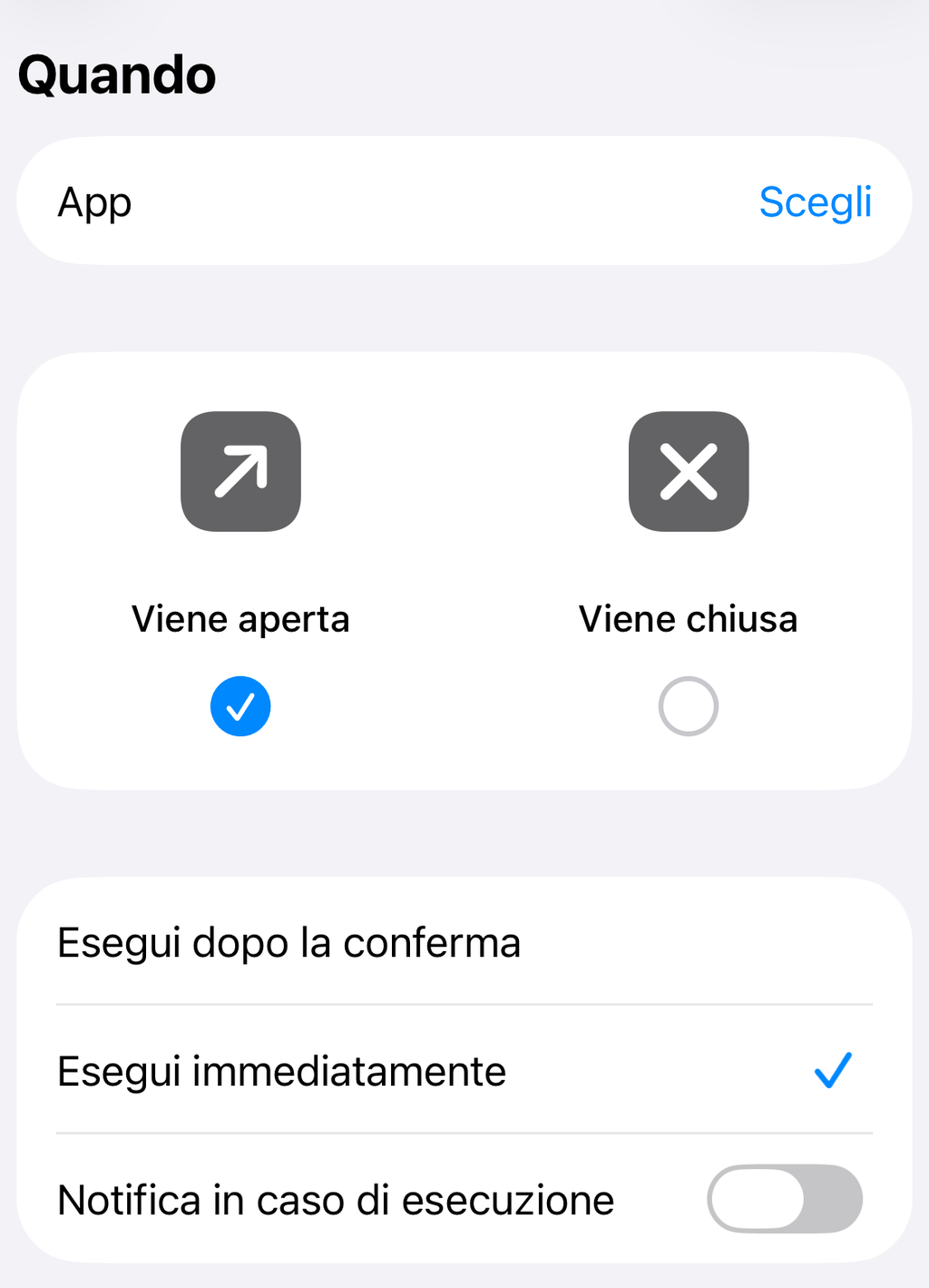 Schermata Quando di Comandi rapidi con «Esegui immediatamente» selezionato e «Notifica in caso di esecuzione» disattivato