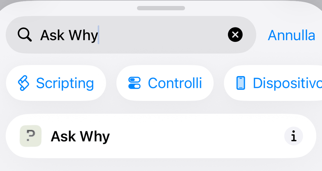 Ricerca di «Ask Why» in Comandi rapidi con l’azione di pourquoi.app