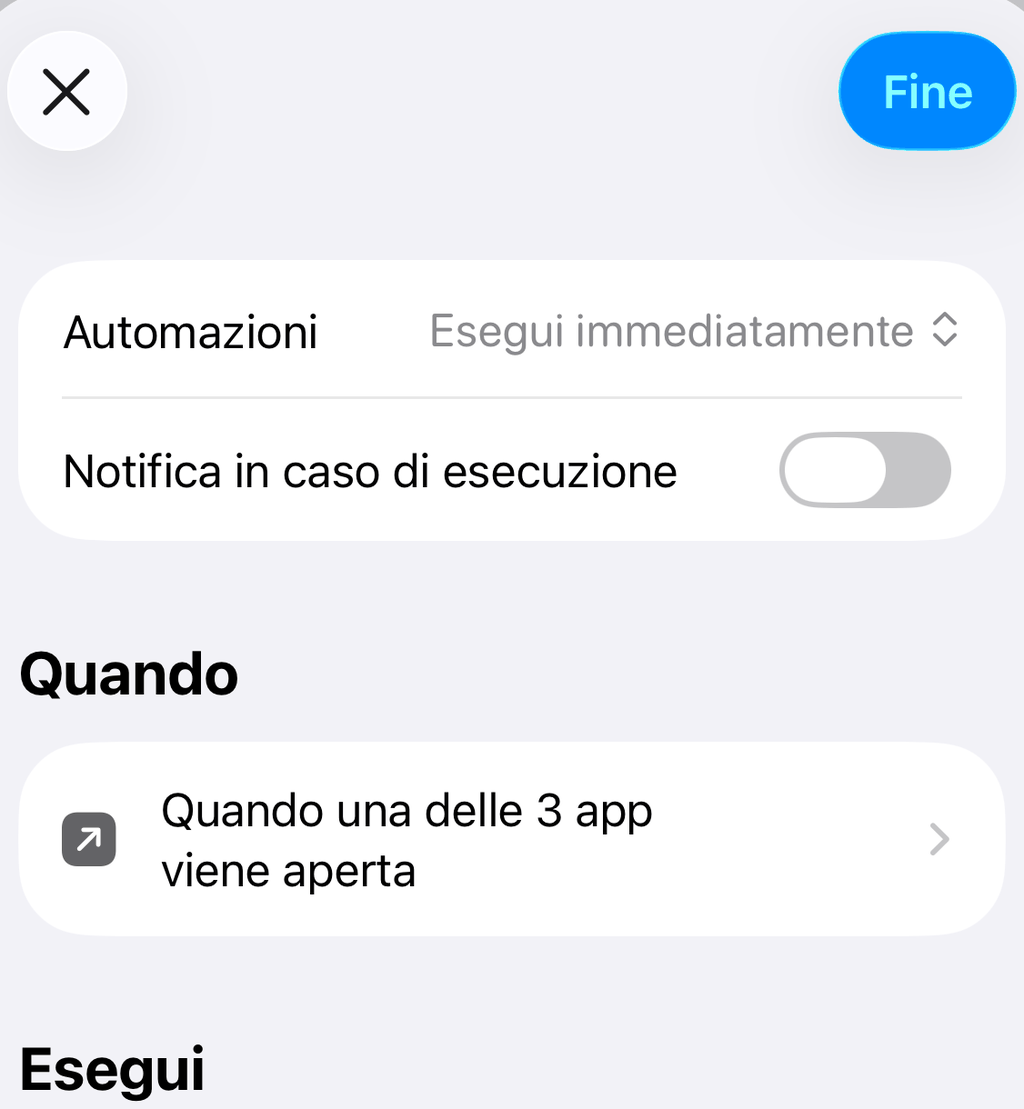 Riepilogo dell’automazione: Esegui immediatamente, notifica disattivata, azione Ask Why