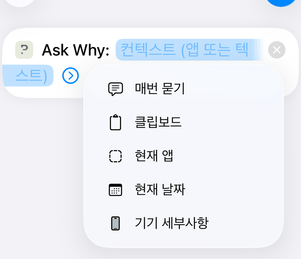 컨텍스트 매개변수 메뉴의 「현재 앱」