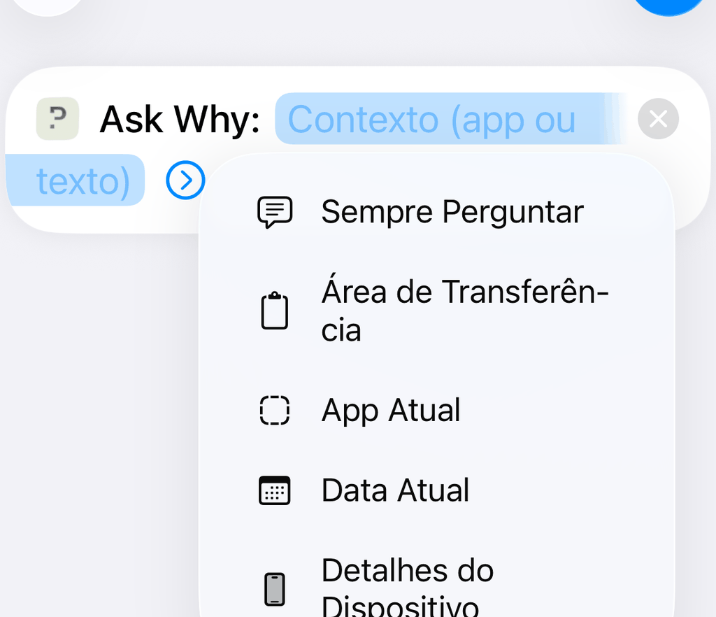 Menu do parâmetro Contexto com «App Atual»