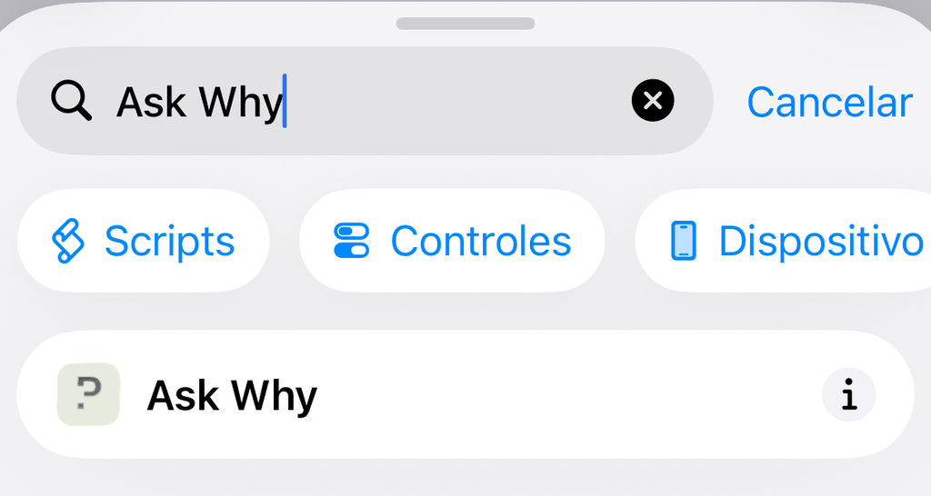 Busca por «Ask Why» nos Atalhos com a ação do pourquoi.app