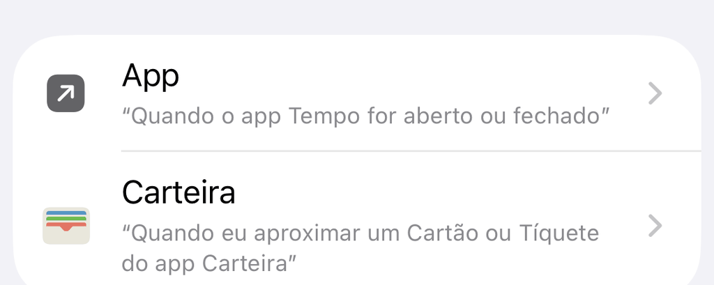 Lista de gatilhos dos Atalhos com o gatilho App
