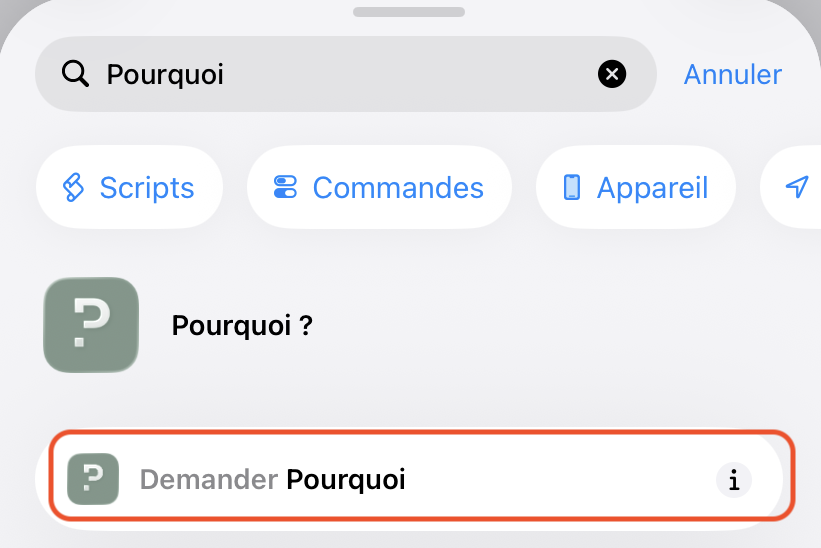 Recherche « Pourquoi » dans Raccourcis, avec l'action « Demander Pourquoi » entourée dans les résultats
